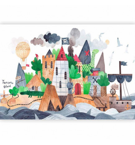 Fototapeta - A colourful treasure island with a castle - a pirate ship at sea for children