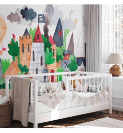 Fototapet - A colourful treasure island with a castle - a pirate ship at sea for children