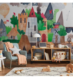 Papier peint - A colourful treasure island with a castle - a pirate ship at sea for children