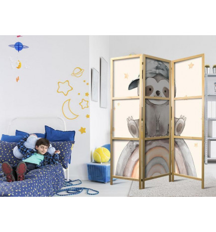 Japanese Room Divider - Happy Sloth - Sloth in muted colors - wearing a cap - sitting on a rainbow among the stars