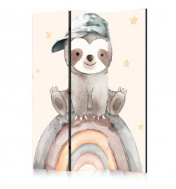 Sermi - Happy Sloth - Sloth in Muted Colors - Wearing a Cap - Sitting on a Rainbow Among the Stars