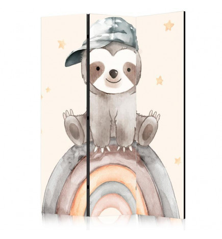 Pertvara - Happy Sloth - Sloth in Muted Colors - Wearing a Cap - Sitting on a Rainbow Among the Stars