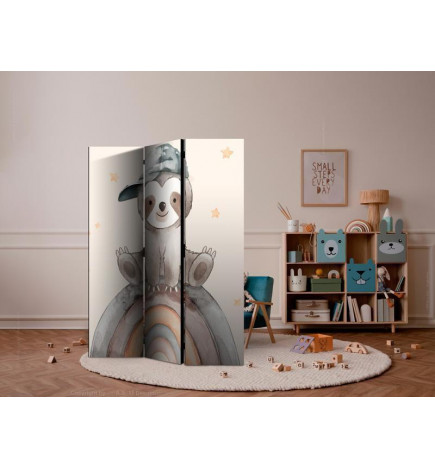 Paravento - Happy Sloth - Sloth in Muted Colors - Wearing a Cap - Sitting on a Rainbow Among the Stars