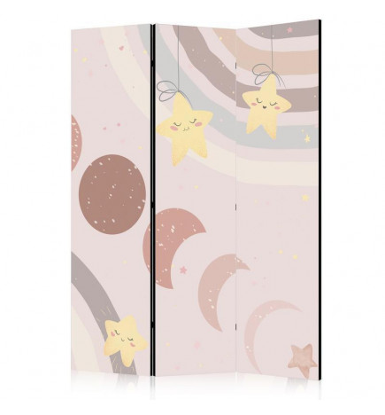 Room Divider - Joyful Sky - Yellow Cheerful Stars with a Rainbow Against the Phases of the Moon - in the Sky Colored Lig