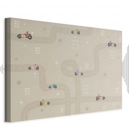 Schilderij - Race - Colorful Cars on a Road on a Beige Background with Inscriptions