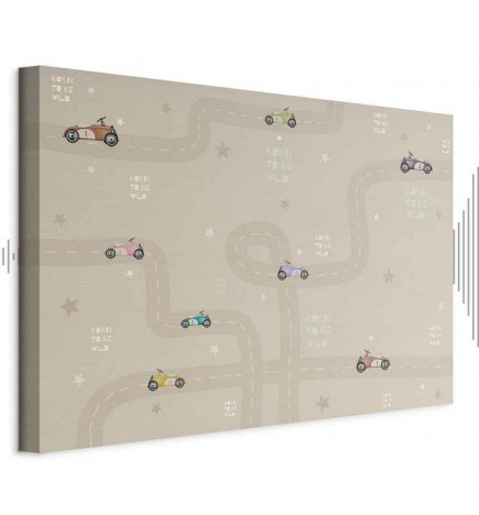 Taulu - Race - Colorful Cars on a Road on a Beige Background with Inscriptions