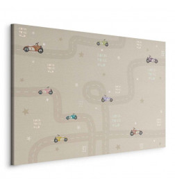 Schilderij - Race - Colorful Cars on a Road on a Beige Background with Inscriptions