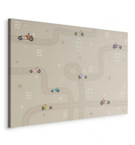 Tableau - Race - Colorful Cars on a Road on a Beige Background with Inscriptions