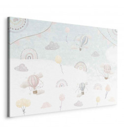 Schilderij - Sky with Balloons - Balloons in Subdued Colors Flying in the Sky Among Clouds Rainbows and Stars