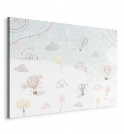 Slika - Sky with Balloons - Balloons in Subdued Colors Flying in the Sky Among Clouds Rainbows and Stars