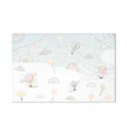 Slika - Sky with Balloons - Balloons in Subdued Colors Flying in the Sky Among Clouds Rainbows and Stars