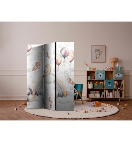 Room Divider - Plush Bears with Balloons - Flying Light-Brown Bears Among Balloons - Clouds - and Rainbows in Subdued - 