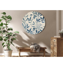 Round Canvas Print - Leaves in Blue Colors Delicate Botanical Motif