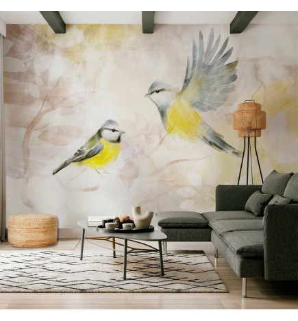 Fotomural - Painted tits - bird motif with patterns in yellow and beige tones