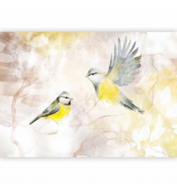 Fotobehang - Painted tits - bird motif with patterns in yellow and beige tones