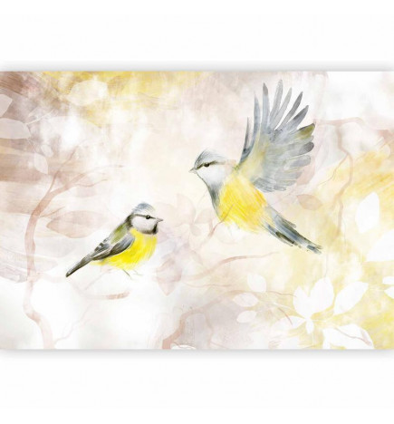 Fototapete - Painted tits - bird motif with patterns in yellow and beige tones