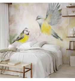 Mural de parede - Painted tits - bird motif with patterns in yellow and beige tones