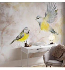 Carta da parati - Painted tits - bird motif with patterns in yellow and beige tones