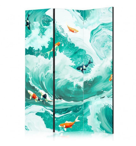 Paravent - Koi Fish Among Waves - Japanese Fish Among Waves in Shades of Turquoise And White