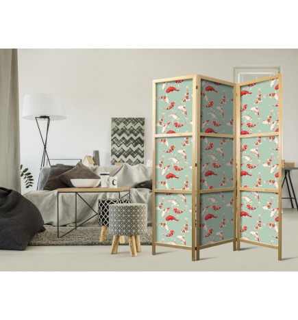 Paravento giapponese - Fish and Japanese Pattern - Koi Fish in Orange-Cream Colors on a Green-Mint Background with an Or