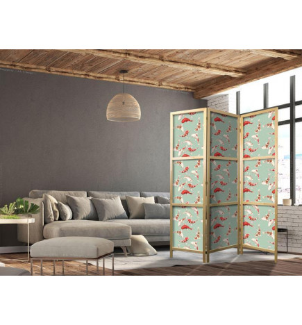 Japonska pregrada - Fish and Japanese Pattern - Koi Fish in Orange-Cream Colors on a Green-Mint Background with an Orien