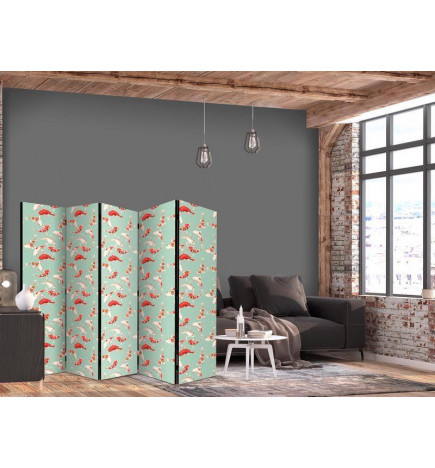 Room Divider - Fish And Japanese Pattern - Koi Fish in Orange-Cream Colors on a Green-Mint Background With An Oriental P