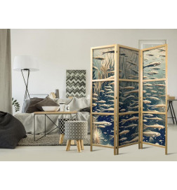 Paravan japonez - Life in the Ocean - Underwater World of Fish and Vegetation in Beige and Navy Retro Style