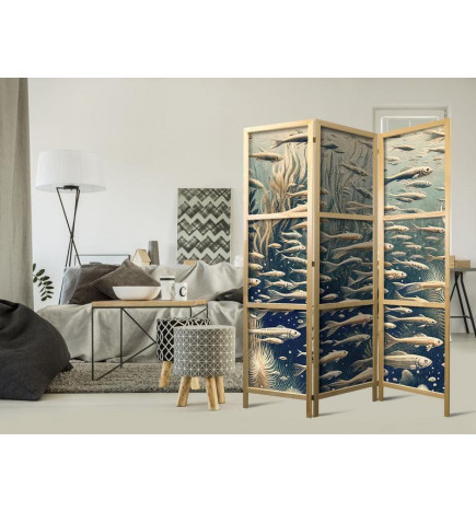 Paravan japonez - Life in the Ocean - Underwater World of Fish and Vegetation in Beige and Navy Retro Style