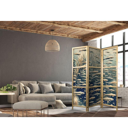 Japonska pregrada - Life in the Ocean - Underwater World of Fish and Vegetation in Beige and Navy Retro Style