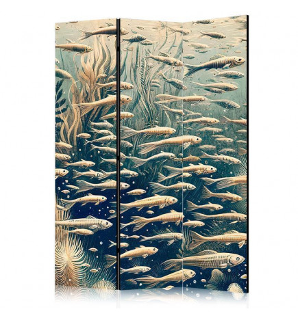 Biombo - Life in the Ocean - Underwater World of Fish and Vegetation in Beige and Navy Colors in Retro Style