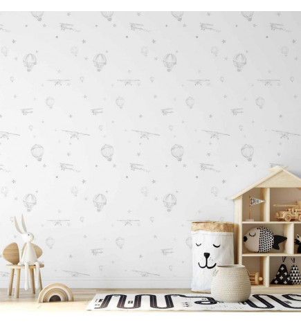 Behang - Watercolor - Airplanes and balloons painted on a white sky background