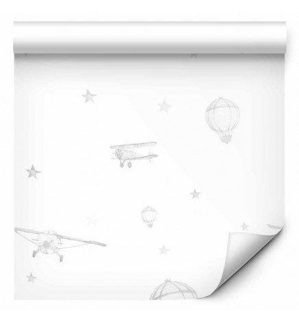 Tapet - Watercolor - Airplanes and balloons painted on a white sky background