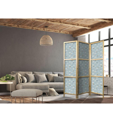 Japanese Room Divider - Illustration - Yellow-Blue Airplanes Against a Blue Sky