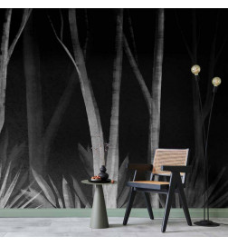 Fototapetas - Noise of the forest at night - minimalist landscape of white trees on a black background
