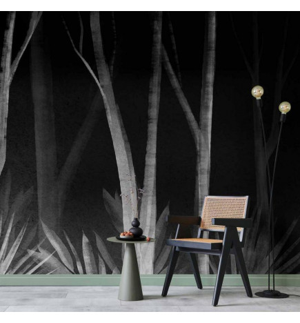 Mural de parede - Noise of the forest at night - minimalist landscape of white trees on a black background