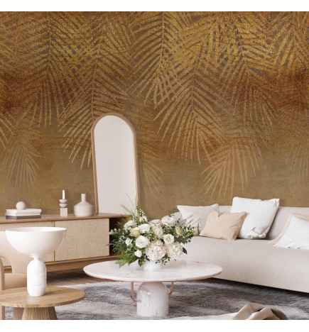 Mural de parede - Abstract nature in beige - composition with golden exotic leaves