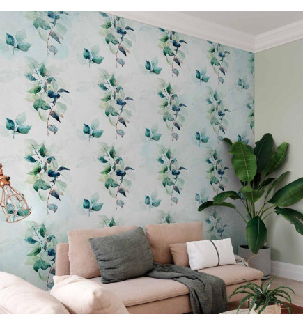 Wall Mural - Mint nature - uniform pattern in floral motif with green leaves