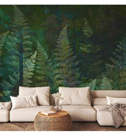 Papier peint - Green abstraction in the forest - fern leaves in the trunks with patterns