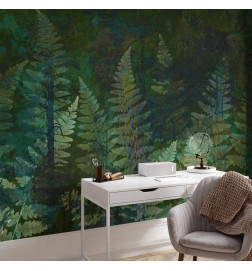 Mural de parede - Green abstraction in the forest - fern leaves in the trunks with patterns