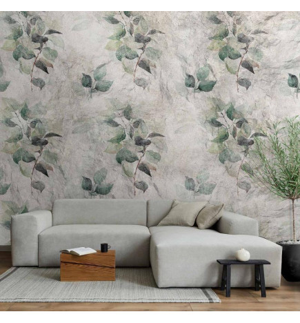Papier peint - Statue of nature - plant motif with green leaves with grey patterns