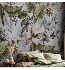 Fotobehang - Nature in retro style - jungle landscape with pale leaves and flowers
