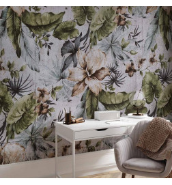 Wall Mural - Nature in retro style - jungle landscape with pale leaves and flowers