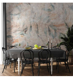 Fototapeta - Greek laurels - faded composition with leaves on a beige patterned background