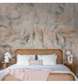 Mural de parede - Greek laurels - faded composition with leaves on a beige patterned background