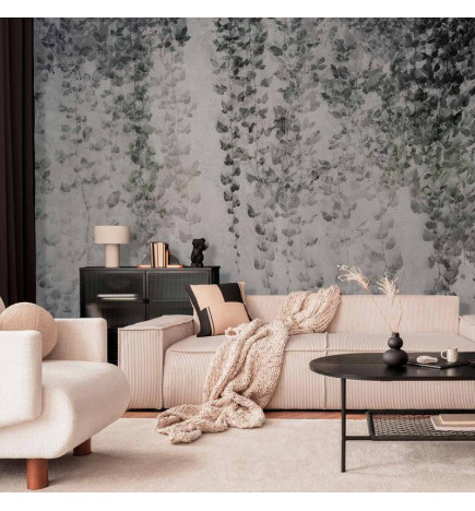 Wall Mural - Peaceful oasis - landscape of hanging black leaf vines on a grey background