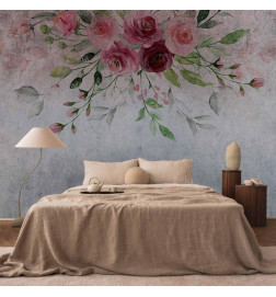 Mural de parede - Summer bloom - plant motif with flowers and leaves in pink tones