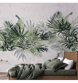 Fototapete - Jungle and green plume - large tropical leaves on a white background