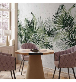 Mural de parede - Jungle and green plume - large tropical leaves on a white background