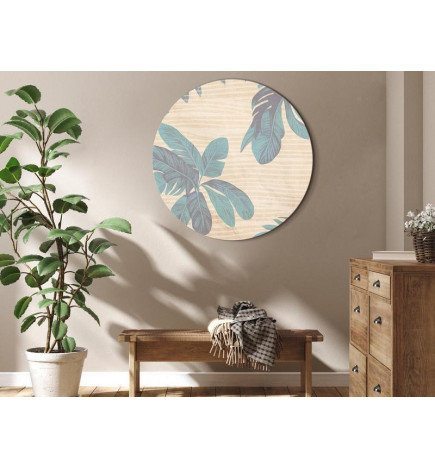 Cuadro redondo - Palm trees behind the mist - Showy palm leaves in a soft shade of green on a slightly wavy sand backgro