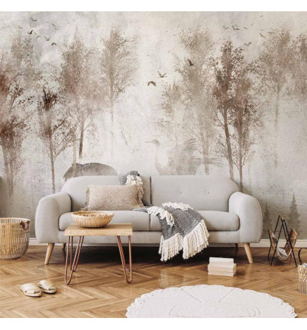 Fototapetti - Among the trees - landscape in grey tones in fog in a clearing with birds